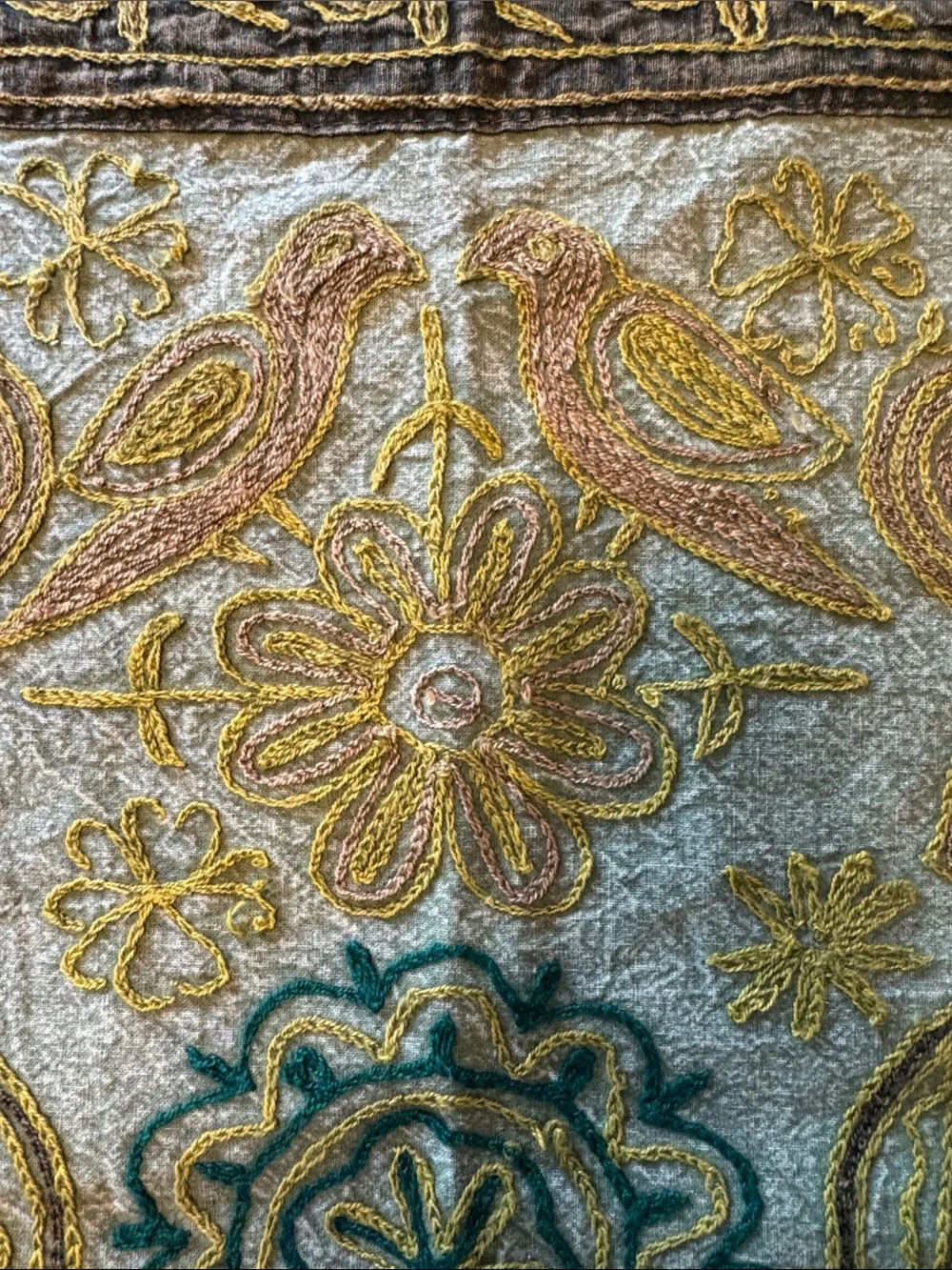 Embroidered Wall Hanging Tapestry in Gold and Teal